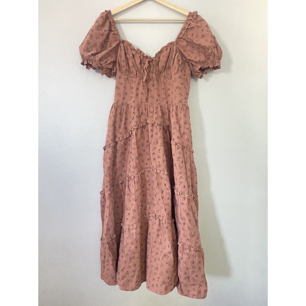 NEW Storia Floral Brown Ruffle Midi Dress Women Sz M 100% Cotton Cottagecore - Picture 11 of 15